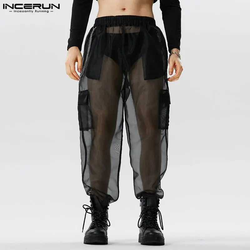 2023 Men Pants Mesh Transparent Joggers Sexy Streetwear Elastic Waist Trousers Men Loose Pockets Fashion Pantalon S-5XL INCERUN