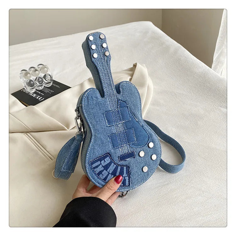 Sac en jean de luxe pour femmes, sac à bandoulière en denim moto, sac à bandoulière pour femmes, sac créatif en forme de guitare, pochettes