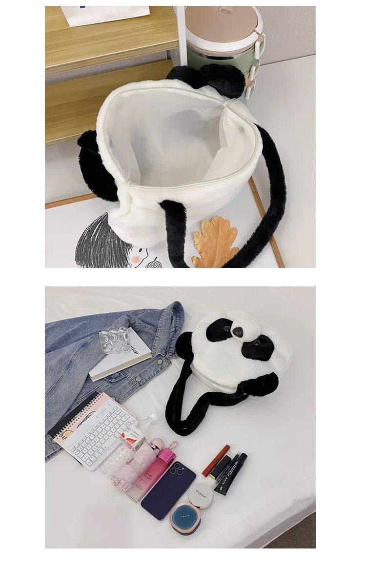 Bolsos de hombro de peluche para adolescentes, diseño kawaii, con forma de cabeza de panda, elegantes y suaves, para compras, portátiles