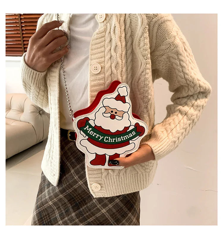 Bolso bandolera de Papá Noel con dibujos animados para mujer, bonito bolso de hombro a la moda, bolso con cadena, minimonedero de bolsillo para fiesta, novedad de 2024