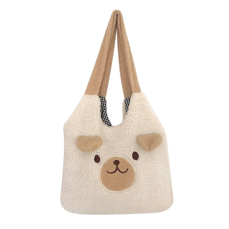 2022 New Lovely Shoulder Bag For Women Soft Plush Tote Bag Kawaii Ears Print Handbags Big Imitation Lamb Hair Hand Bags Bolso