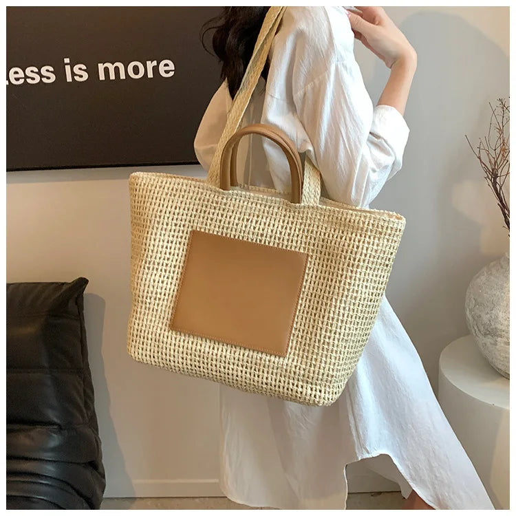 Casual Large Capacity Straw Tote Bag Hollow Paper Weave Women Shoulder Bags Handmade Summer Beach Handbag Big Bali Shopper Purse