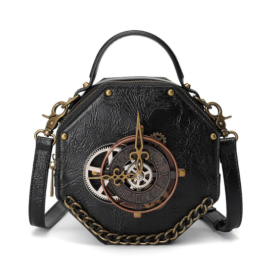 Bolso de cuero gótico con forma de reloj, bolso de hombro estilo steampunk, bolso bandolera vintage para mujer, bolso con asa superior y remaches para mujer