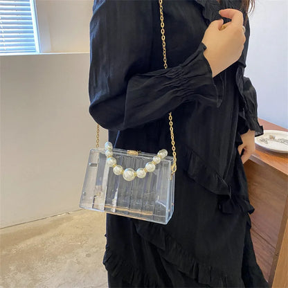 Bolso de mano transparente de acrílico para mujer, bolso cruzado transparente con correa de cadena de perlas extraíble