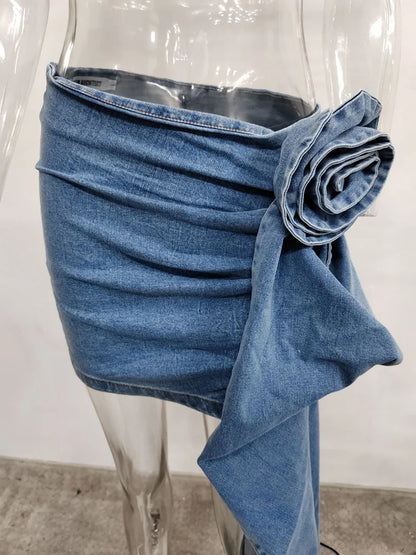 DEAT Fashion Women's Skirt High Waist Three-dimensional Rose Flower Asymmetric Blue Denim Short Skirts Summer 2024 New 17A8357