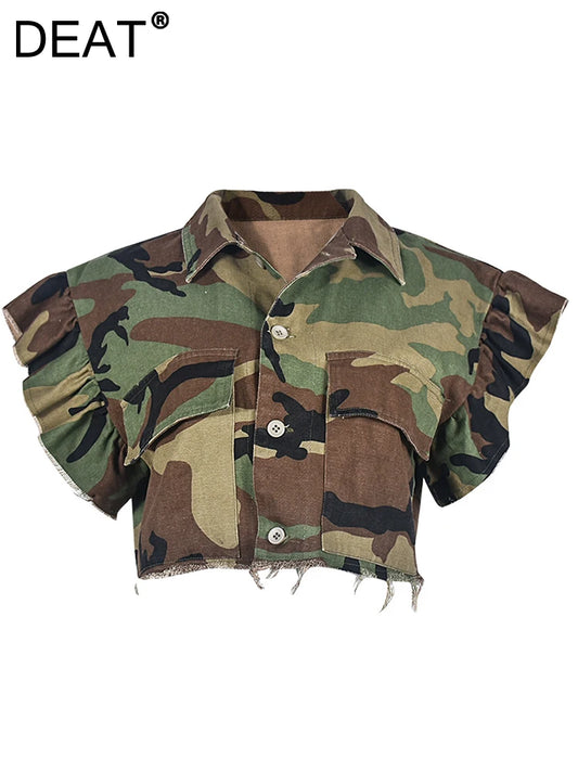 DEAT Mode Femmes Veste Col Rabattu Manches Papillon Simple Boutonnage Imprimé Camouflage Manteau Court Printemps 2024 Nouveau 17A7035