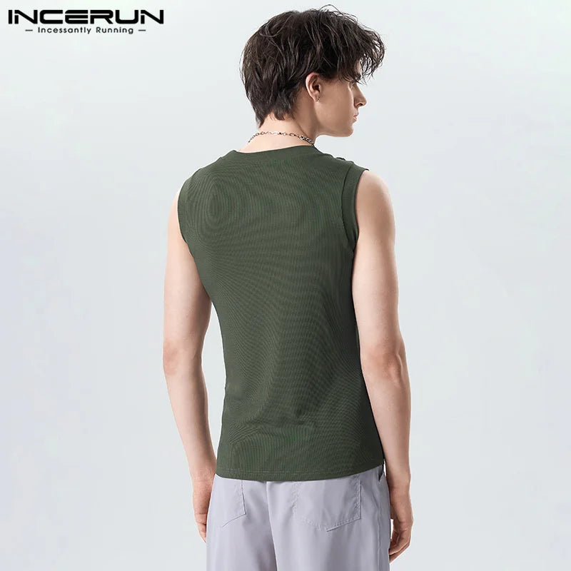 2023 Camisetas sin mangas para hombre, lisas, con cuello redondo, mangas con cordón, chalecos casuales de fitness, ropa de calle de verano, ropa de moda para hombre INCERUN