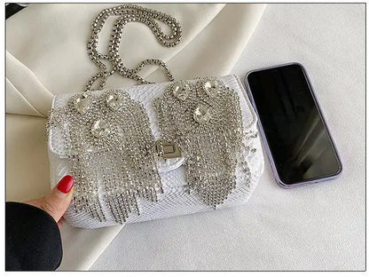 Evening Small Square Bags for Women 2023 Fashion Diamond Tassel Handbag Leather Chain Luxury Party Sparkle Shoulder Bag Woman