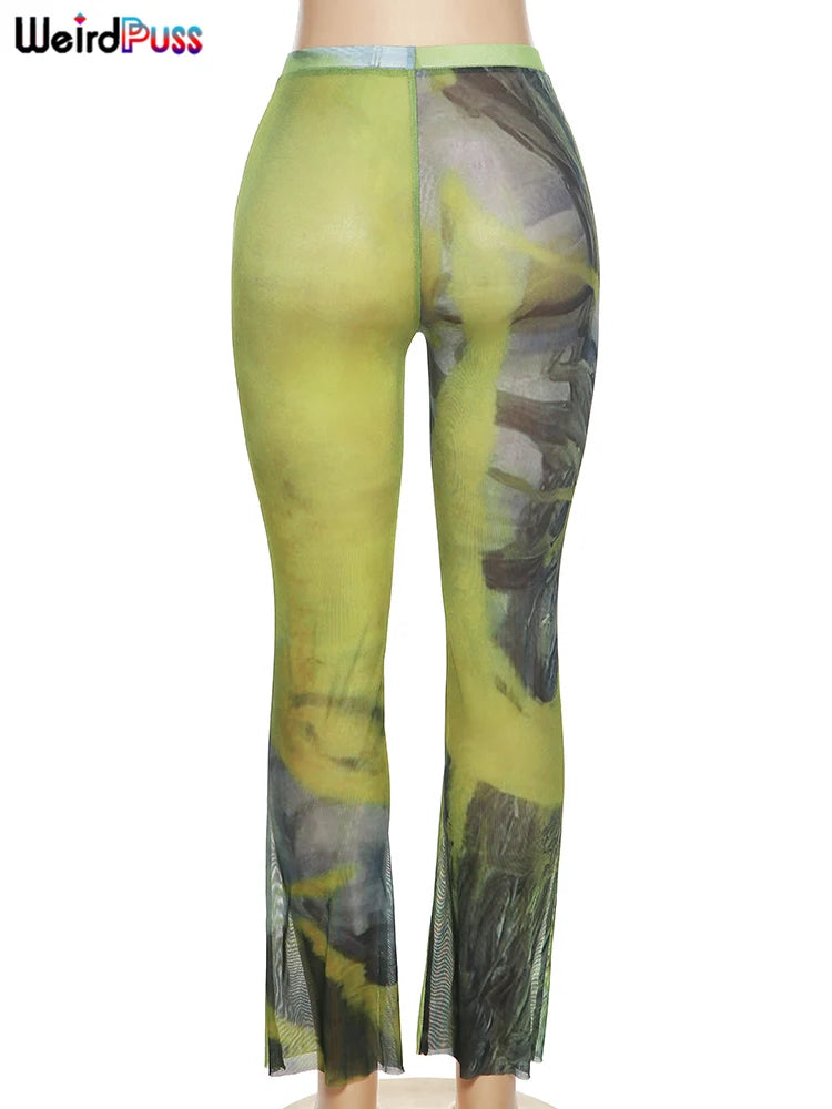 Pantalones rectos con efecto tie-dye de malla con diseño de gatito extraño para mujer, tendencia sexy de verano, ajustados y transparentes, ropa de calle, pantalones elásticos salvajes para actividades