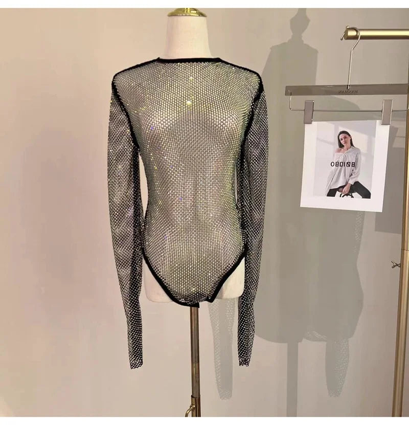 Haut à manches longues et col rond pour femme, body sexy à paillettes, noir, automne, nouveau, 2024, haut en maille, décontracté, streetwear, couvre les combinaisons