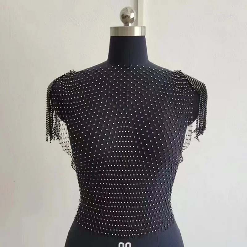 Camisetas transparentes de malla con diamantes para mujer, camisetas sexis de verano con agujeros para playa, para fiestas, clubes y raves, venta al por mayor