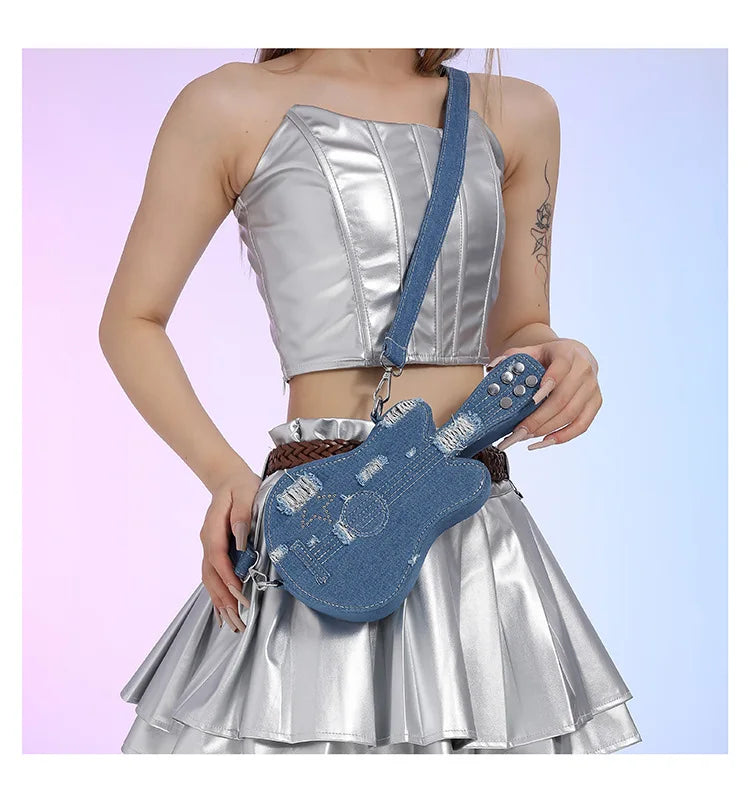 Cute guitar bag women's crossbody bag fashion denim shoulder bag creative phone bag for women