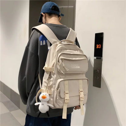 Solid color multi-pocket schoolbag female high school students backpack light color pair large capacity ins backpack male