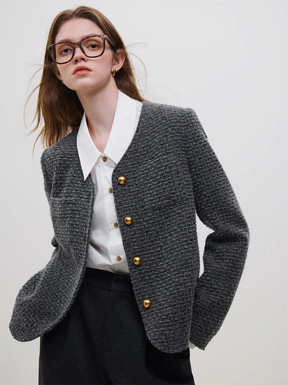 FSLE Office Lady French Style Fragrance Jacket Women's Autumn Winter 2023 New Wool Tweed Jacket For Women Grey Casual Coats