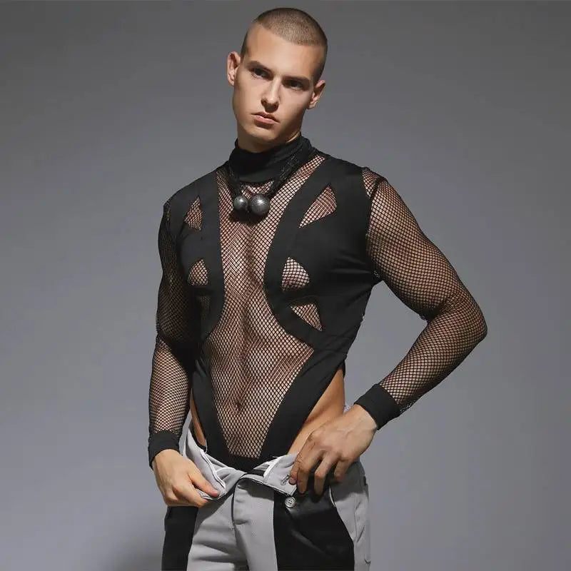 2023 Body pour hommes en maille patchwork sexy col roulé à manches longues t-shirts streetwear transparent mode body pour hommes INCERUN