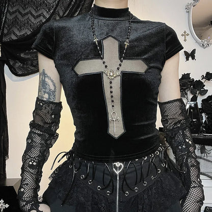 Goth Dark Cross Sheer Mall Gothic Women T-shirts Grunge Aesthetic Punk Sexy Emo Black Top Streetwear Fashion Alternative Clothes