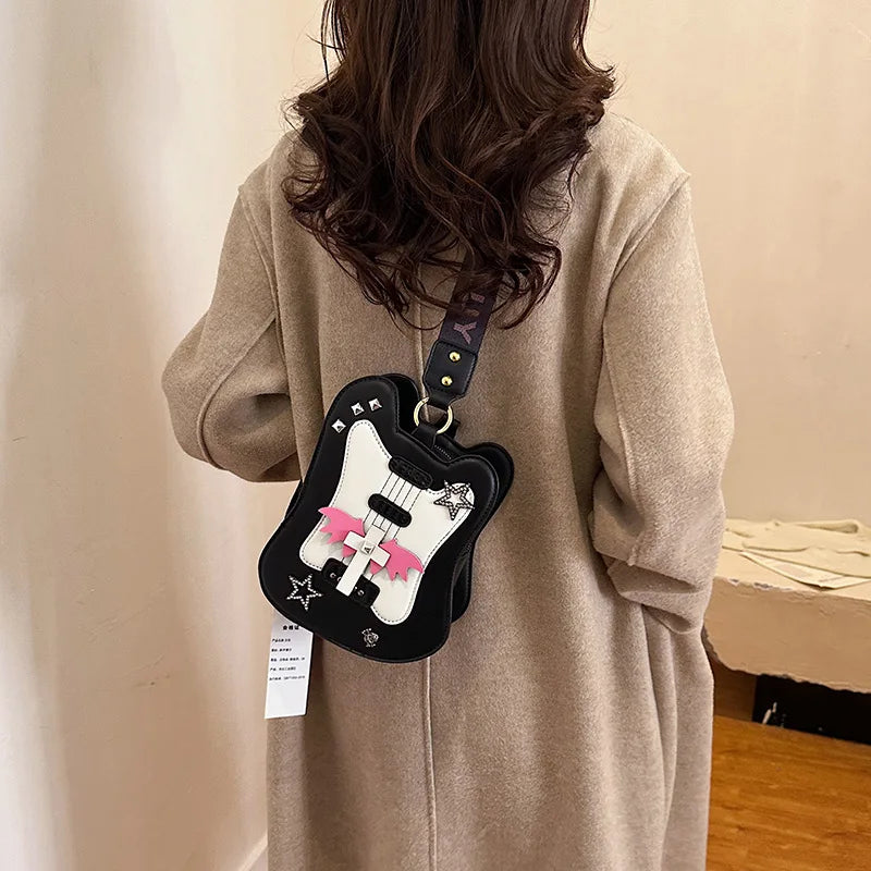 Bolso de hombro para mujer, divertido bolso con forma de violín, moderno bolso cruzado con correa ancha y remaches, bolso de mano de cuero sintético