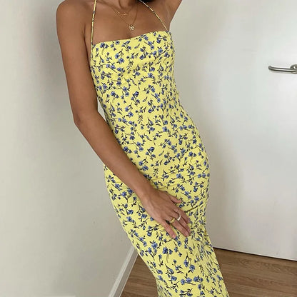 Dulzura - Vestido largo con cuello halter y encaje floral para mujer, vestido midi ajustado sin espalda, atuendo sexy para fiesta y club, ropa de calle, vestido de verano