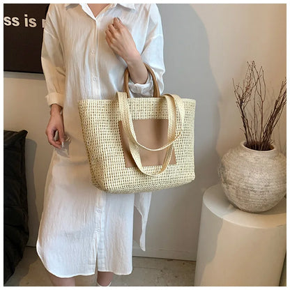 Casual Large Capacity Straw Tote Bag Hollow Paper Weave Women Shoulder Bags Handmade Summer Beach Handbag Big Bali Shopper Purse