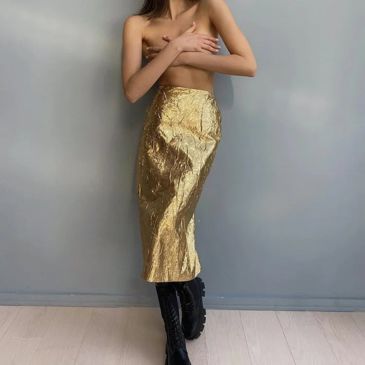 Suninheart Fashion Slim Gold Women'S Skirt Elegant High Waist Midi Skirts Streetwear Vintage Faldas Skirt Female Clothing 2023