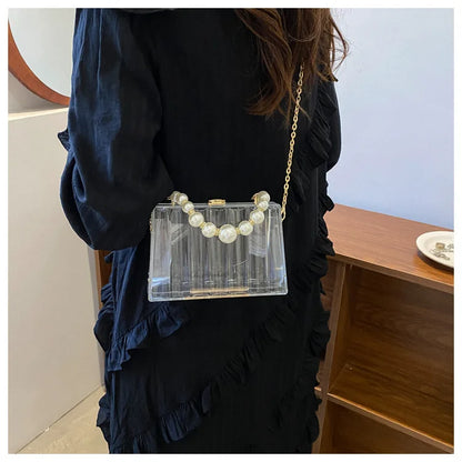 Bolso de mano transparente de acrílico para mujer, bolso cruzado transparente con correa de cadena de perlas extraíble