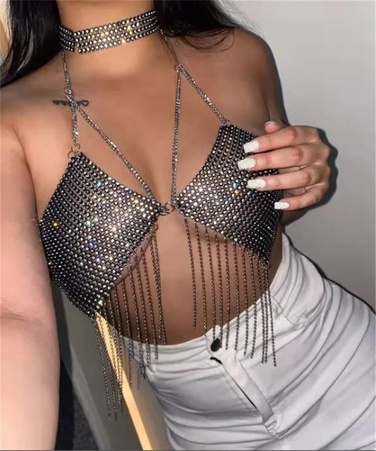 Haut court à pompons en diamants pour femme, haut sexy à bretelles, sans manches, soutien-gorge slim, streetwear