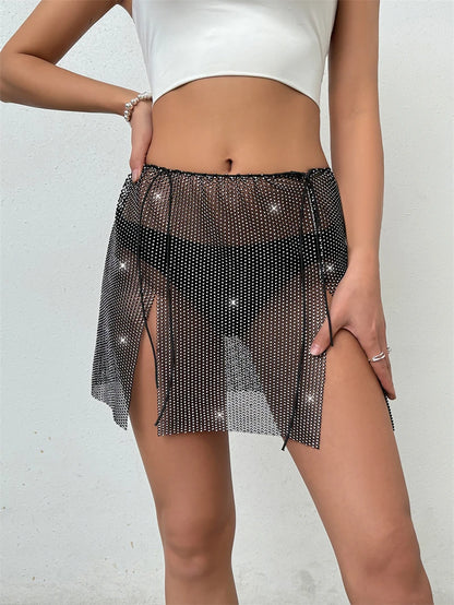 Jupe mini sexy transparente en strass pour femme, jupe crayon fendue brillante pour la plage et les fêtes, vêtements de festival, été, 2024