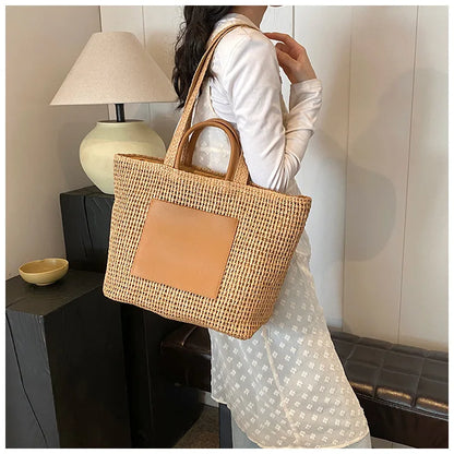 Casual Large Capacity Straw Tote Bag Hollow Paper Weave Women Shoulder Bags Handmade Summer Beach Handbag Big Bali Shopper Purse