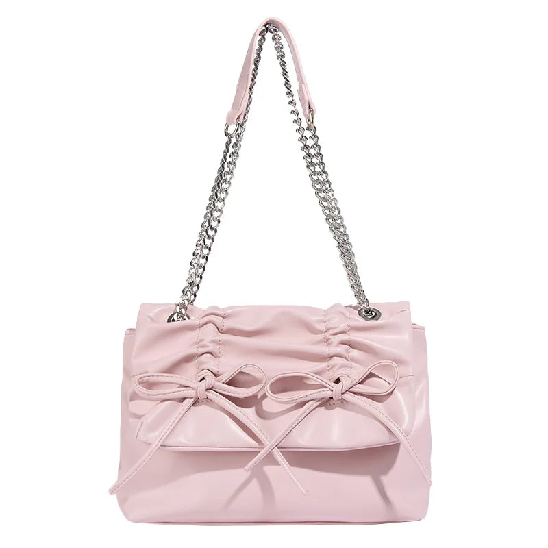 Bolso de hombro con lazo fruncido y cadena para mujer, bandolera de piel sintética de lujo, color rosa Y2K, con solapa grande