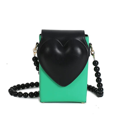 Creative Design Black Bead Chain Women's Bag Chessboard Lattice Messenger Bag Small Square Bag Fashion Mobile Phone Bag