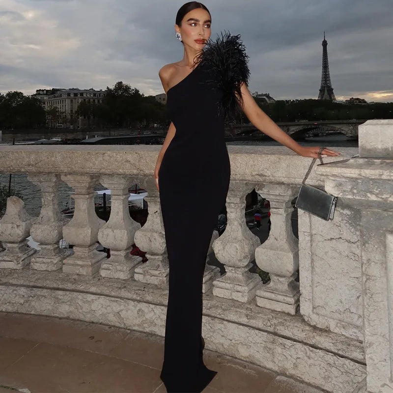 Dulzura Black Sleeveless One Shoulder Feather Maxi Dress For Women Bodycon Sexy Party Elegant Long Dress Birthday Evening Outfit