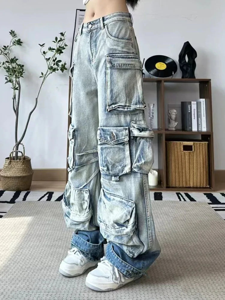 DEAT Fashion Women's Jeans High Waist Multiple Pockets Water Wash Gradient Streetwear Denim Cargo Pants Spring 2024 New 7AB3332