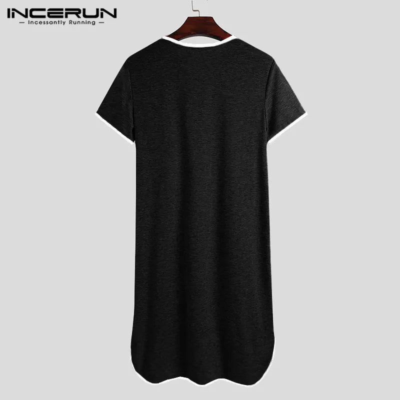 Fashion Men's Loose Sleepwear Casual Solid Nightgown INCERUN Patchwork Sleep Robes Short Sleeve V-Neck Homewear Robes S-5XL 2024