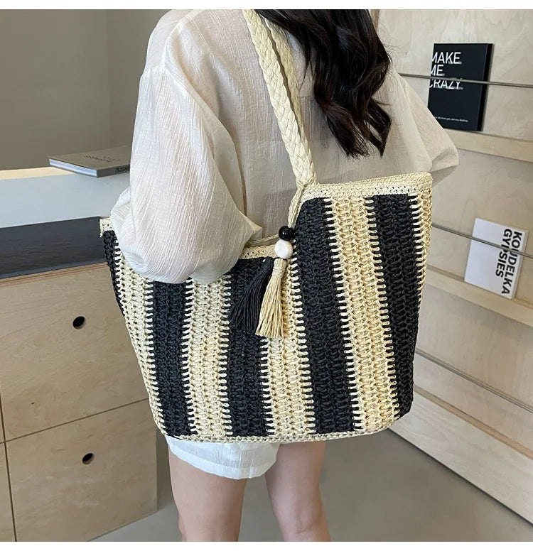 Bolso tejido de paja estilo vacaciones de verano, gran capacidad, versión coreana, tendencia occidental, bolso de hombro, bolso de mano de viaje de moda, diseñador