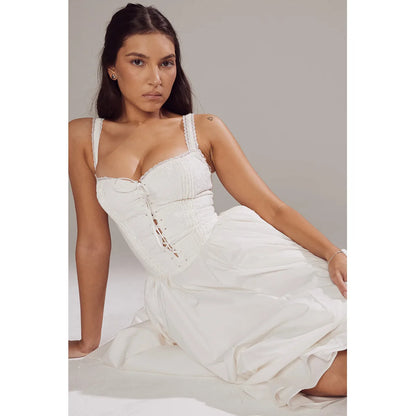 Robe de vacances d'été blanche Suninheart 2024 Robe mi-longue élégante en jacquard à bretelles spaghetti et à lacets Robes de soirée Vêtements pour femmes