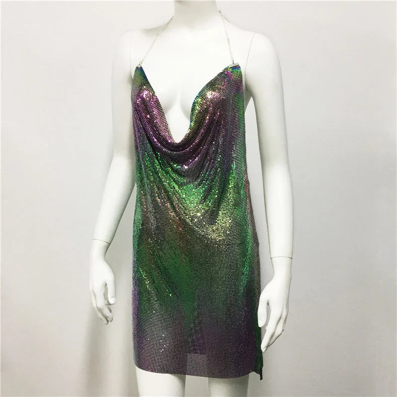 Robe d'été sexy à paillettes et chaîne transparente pour femme, dos nu, tenue de fête d'anniversaire, de boîte de nuit, robe de soirée en métal