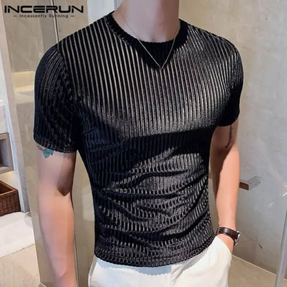 Fashion Casual Style Men's Camiseta  Party Shows Tees INCERUN Male Stylish Hot Sale Drawstring Round Neck Stretch T-shirts S-3XL