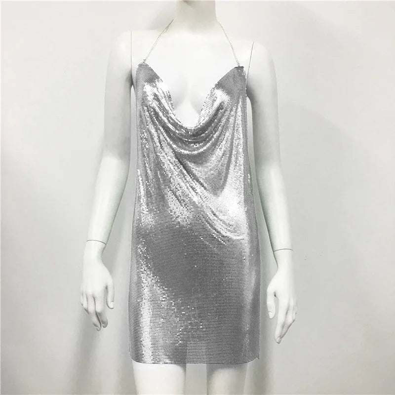 Robe d'été sexy à paillettes et chaîne transparente pour femme, dos nu, tenue de fête d'anniversaire, de boîte de nuit, robe de soirée en métal