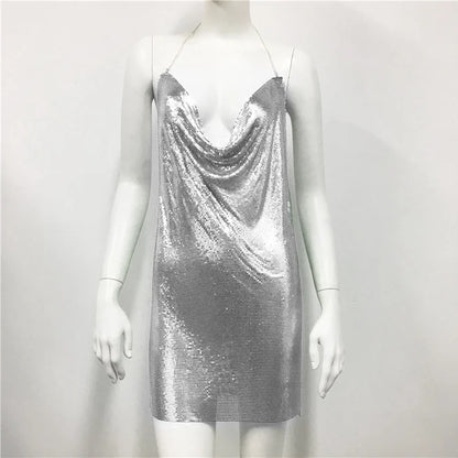 Robe d'été sexy à paillettes et chaîne transparente pour femme, dos nu, tenue de fête d'anniversaire, de boîte de nuit, robe de soirée en métal