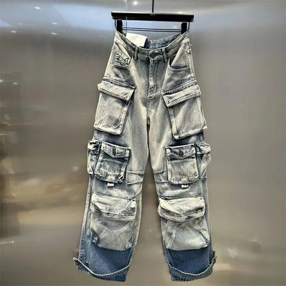 DEAT Fashion Women's Jeans High Waist Multiple Pockets Water Wash Gradient Streetwear Denim Cargo Pants Spring 2024 New 7AB3332