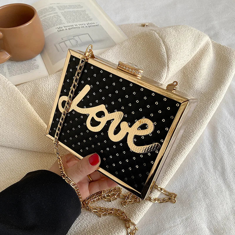 Fashion Handbag Sequine Love Letter Decoration Box Shape Shoulder Bag Female Square Metal Frame Evening Diamond Lock Chain Bags