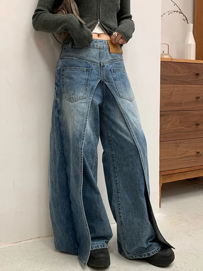 DEAT Fashion Women's Wear Jeans In Both Front And Back High Waist Deconstruct Two Fake Loose Denim Pants Winter 2024 New 7AB2797