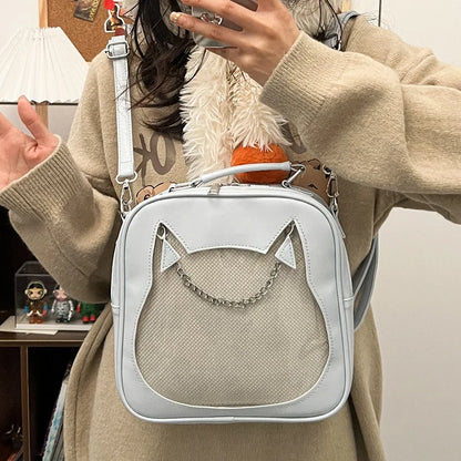 Mochila transparente de piel sintética para mujer, estilo japonés Kawaii Itabag de 3 formas, con forma de gato, de lujo, tipo cartera JK Ita