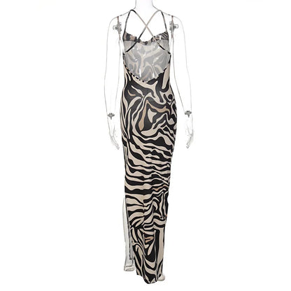 Dulzura Zebra Pring Maxi Dress For Women Side Slit Lace Patchwork Backless Long Dress Sexy Party Club Outfits 2024 Summer