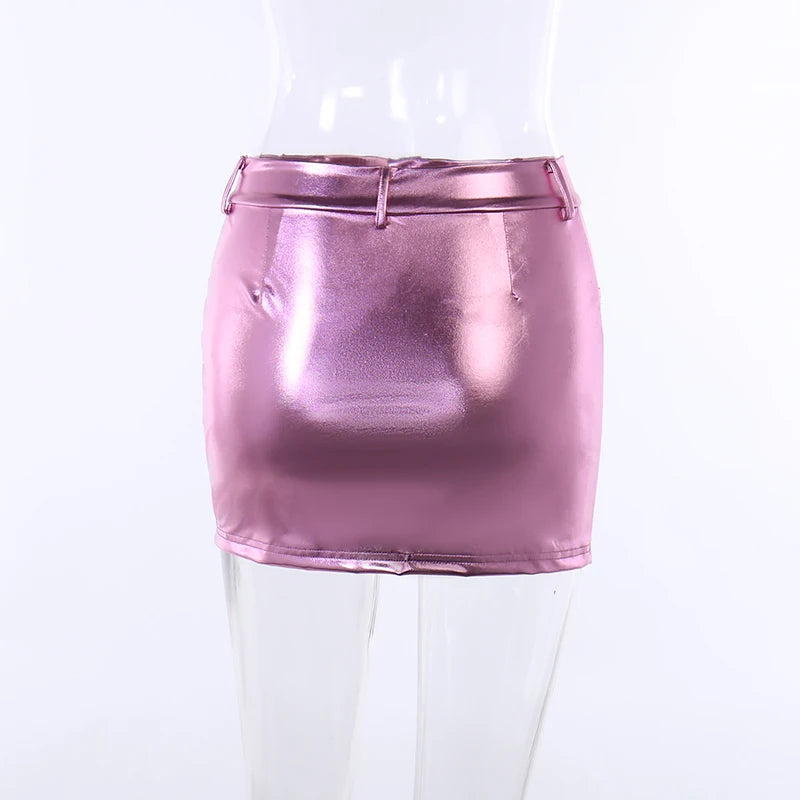 Y2k Pink Metallic Fashion Hot Girls Short Skirt Dummy pocket Slim Fit Bright High Waist Korean Fashion Halfskirt Women Clothing