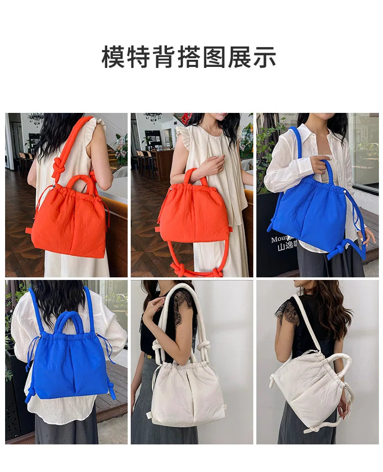 Casual Large Capacity Puffer Tote Bag Designer Padded Nylon Women Handbags Knotted Strap Shouder Crossbody Bags Warm Sac 2024