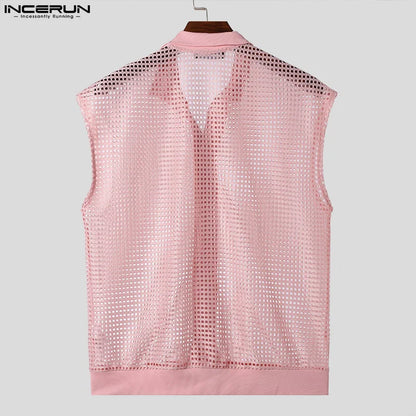 Chemise pour homme 2024, ajourée, maille transparente, solide, revers, sans manches, vêtements d'été pour hommes, streetwear, gilets décontractés, chemises INCERUN