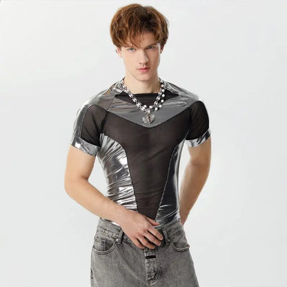 2024 Body pour hommes en maille patchwork brillant transparent col rond manches courtes barboteuses pour hommes streetwear mode body S-3XL INCERUN