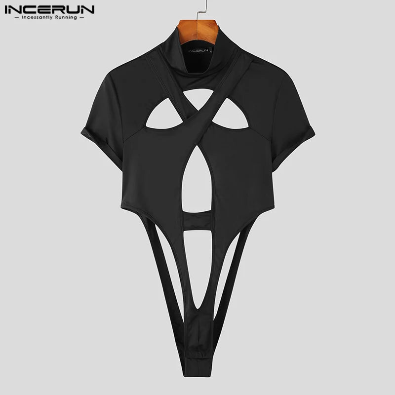 Fashion Men's Homewear Jumpsuits INCERUN 2024 Symmetric Hollow Design Short Sleeve Half High Neck Solid Triangle Bodysuits S-5XL