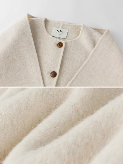 FSLE 100% Wool Camel Color Short Scarf Collar Coat For Women 89.3% Wool 10.7% Lyocell Beige Round Neck Short Female Woolen Coats